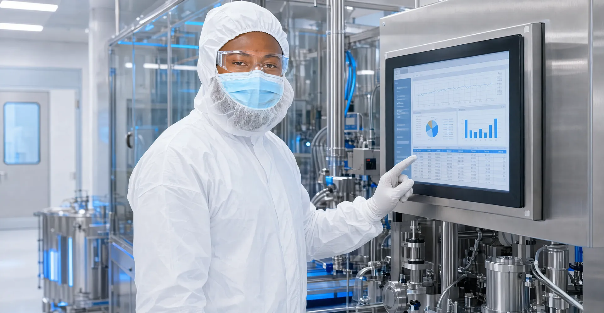 QOT Consulting senior expert in full GMP cleanroom protective clothing reviewing process data on an HMI panel of pharmaceutical manufacturing equipment