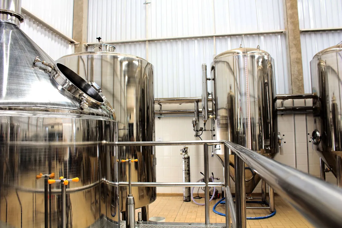 Stainless-steel process tanks in a modern hygienic production plant